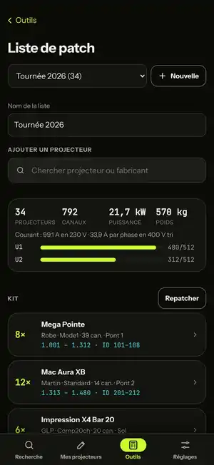 34 projecteurs, deux univers, courant par phase